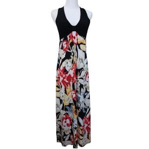 VINTAGE 70s 80s Maxi Dress XS/S Bra‎ Cups Tropical Floral Vacation Halter Empire